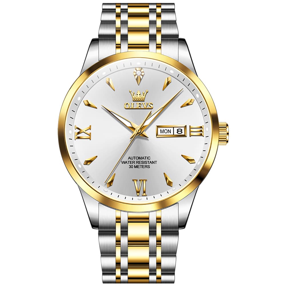 OLEVS Diamond Dial Day Date Automatic Mechanical Watch 9956 for Men - Silver White Watch | Olevs Watch Store