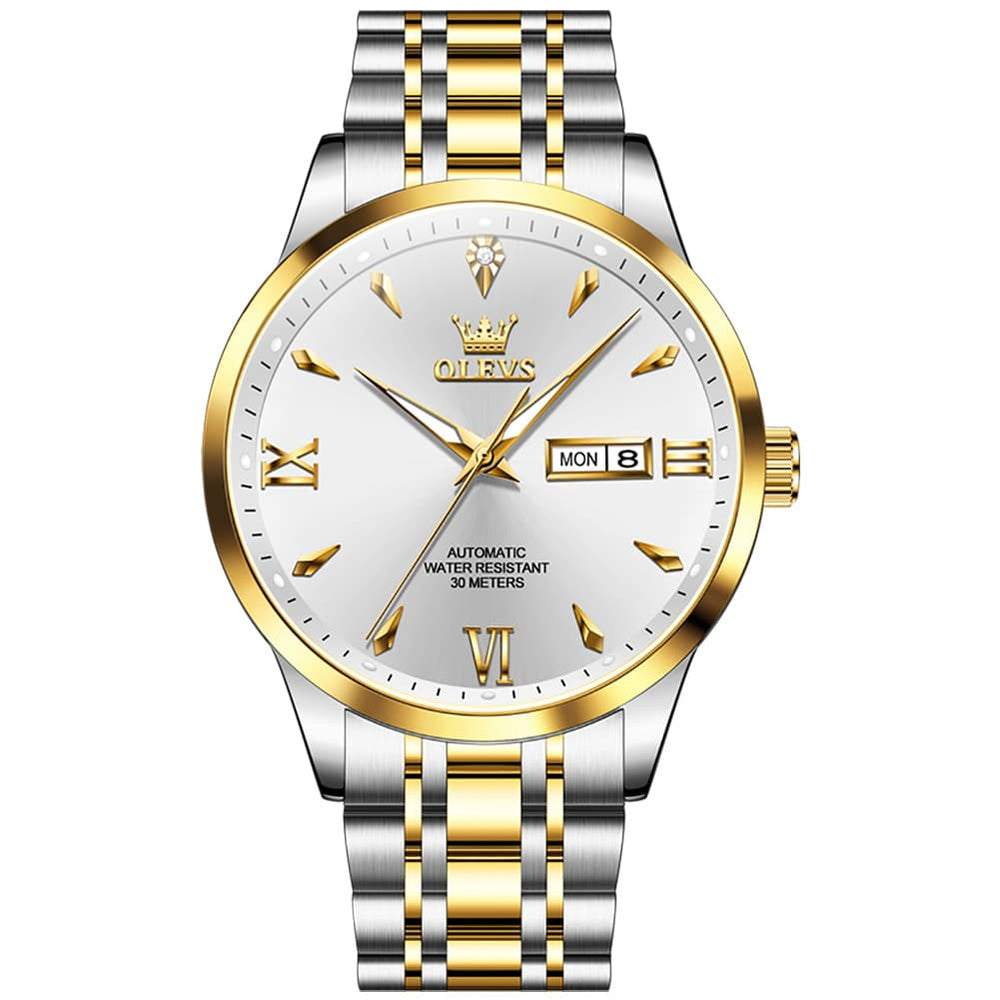 OLEVS Diamond Dial Day Date Automatic Mechanical Watch 9956 for Men - Silver White Watch | Olevs Watch Store