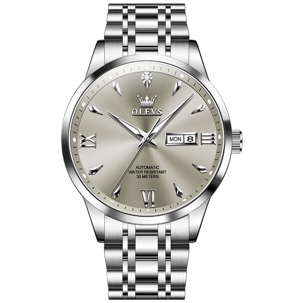 OLEVS Diamond Dial Day Date Automatic Mechanical Watch 9956 for Men - Silver White Watch | Olevs Watch Store