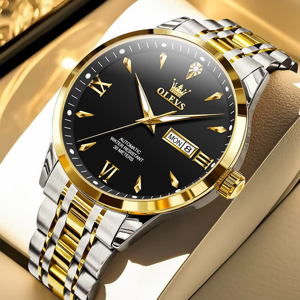 OLEVS Diamond Dial Day Date Automatic Mechanical Watch 9956 for Men - Two Tone Black Watch | Olevs Watch Store