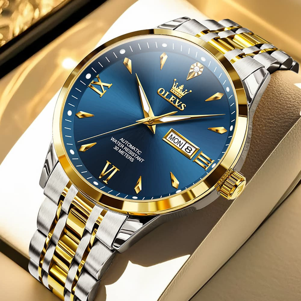 OLEVS Diamond Dial Day Date Automatic Mechanical Watch 9956 for Men - Two Tone Blue Watch | Olevs Watch Store