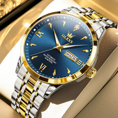 OLEVS Diamond Dial Day Date Automatic Mechanical Watch 9956 for Men - Two Tone Blue Watch | Olevs Watch Store