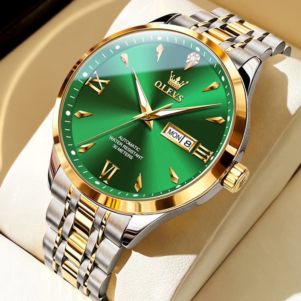 OLEVS Diamond Dial Day Date Automatic Mechanical Watch 9956 for Men - Two Tone Green Watch | Olevs Watch Store