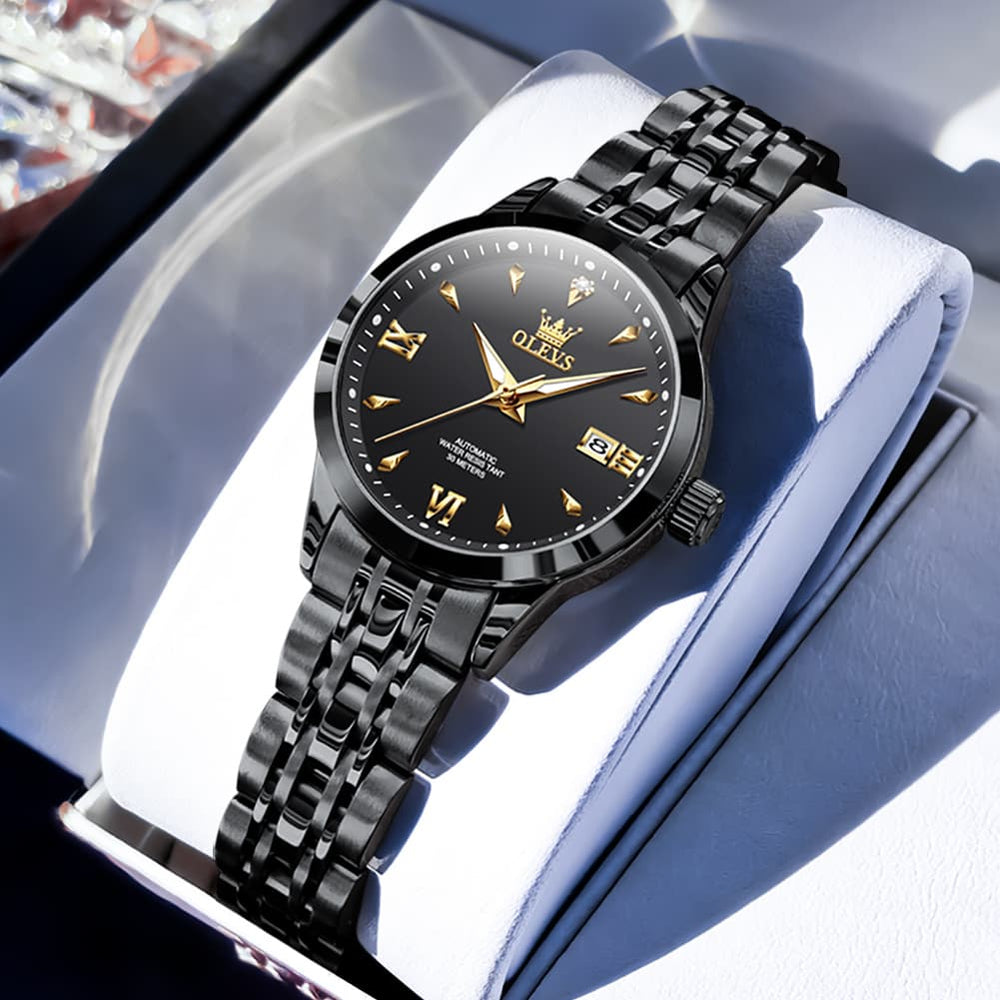 OLEVS Diamond Dial Day Date Automatic Mechanical Watch 9956 for Women - All Black Watch | Olevs Watch Store