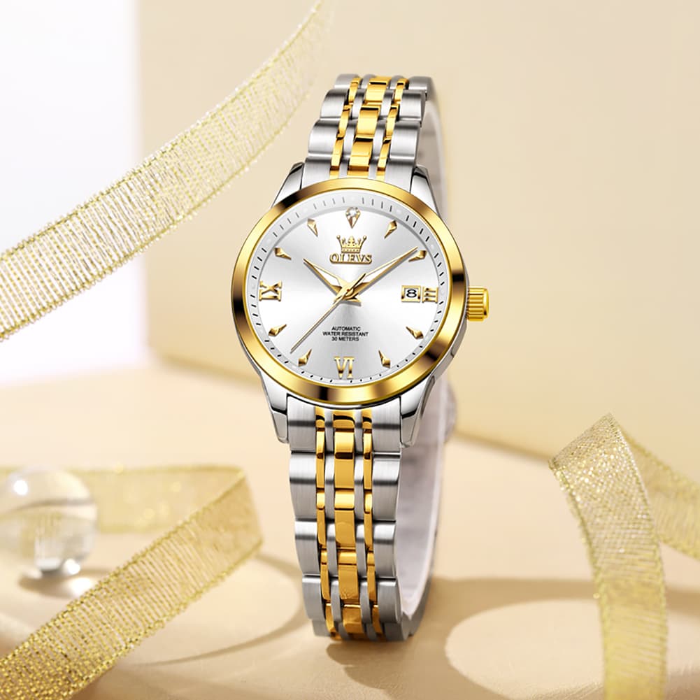 OLEVS Diamond Dial Day Date Automatic Mechanical Watch 9956 for Women - All Black Watch | Olevs Watch Store