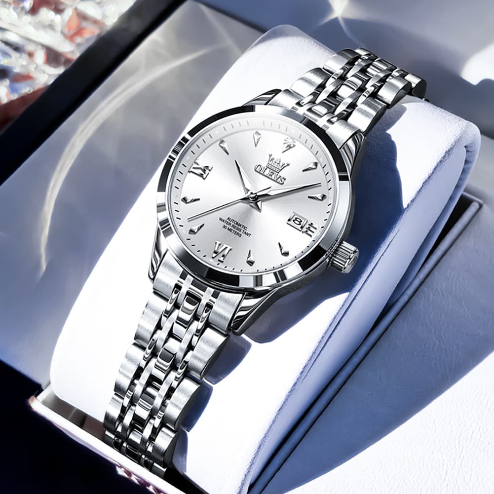 OLEVS Diamond Dial Day Date Automatic Mechanical Watch 9956 for Women - All Black Watch | Olevs Watch Store