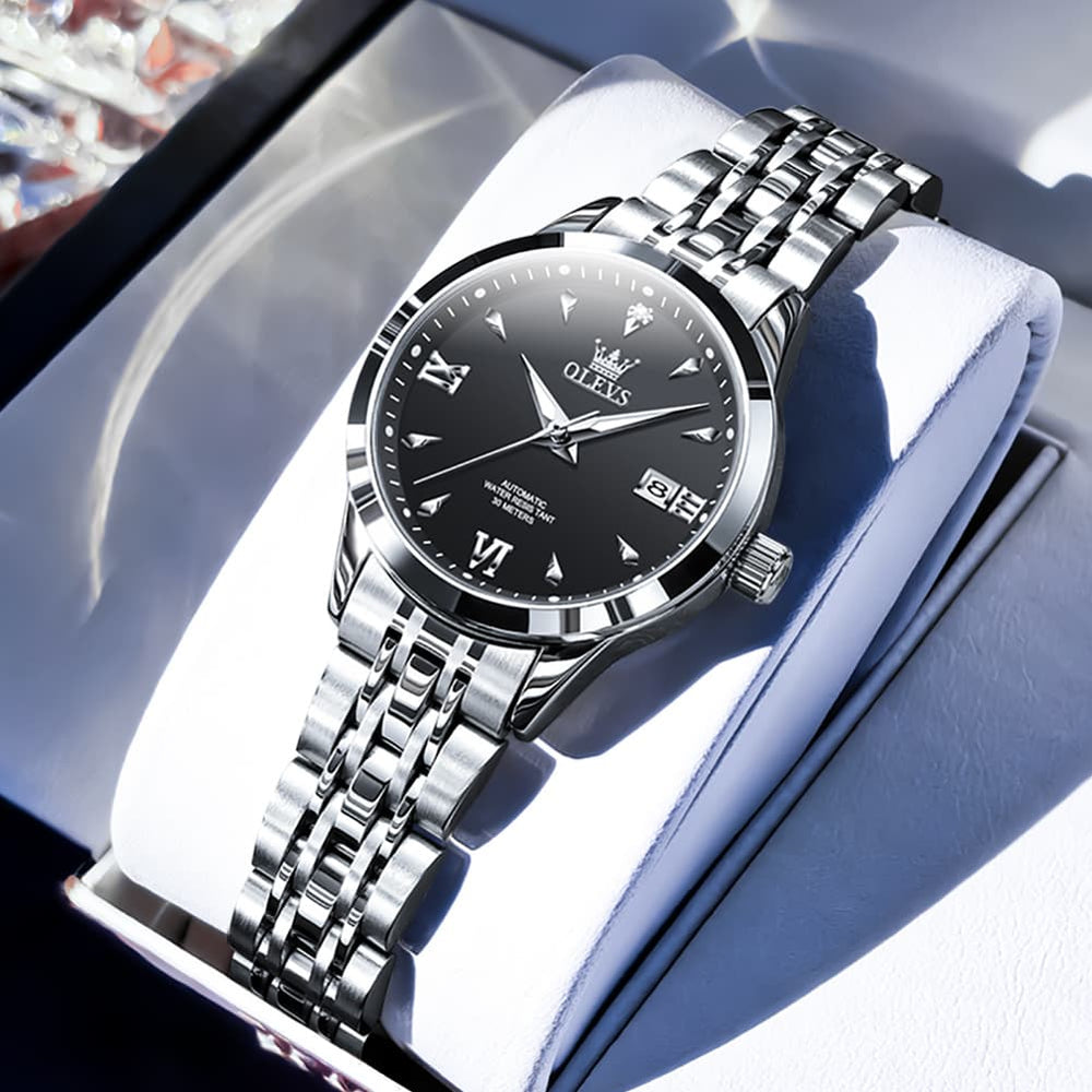 OLEVS Diamond Dial Day Date Automatic Mechanical Watch 9956 for Women - All Black Watch | Olevs Watch Store