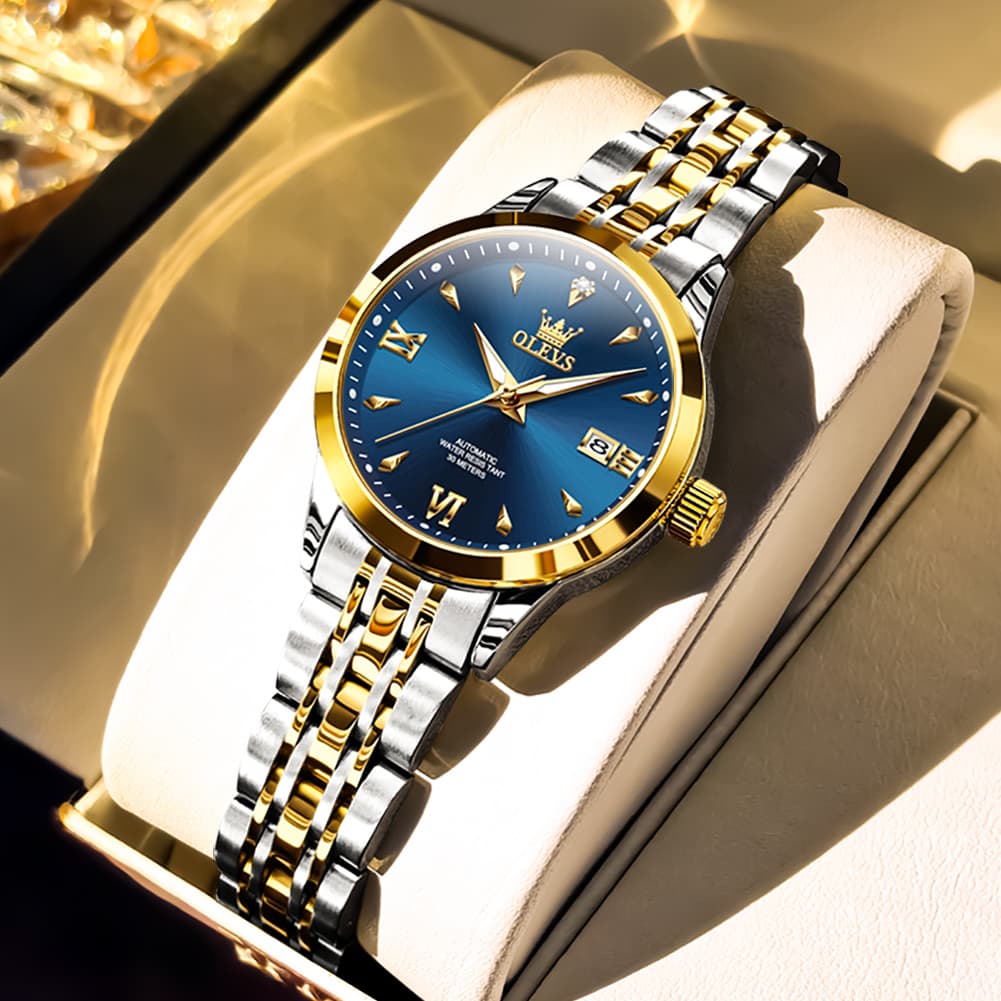 OLEVS Diamond Dial Day Date Automatic Mechanical Watch 9956 for Women - All Black Watch | Olevs Watch Store
