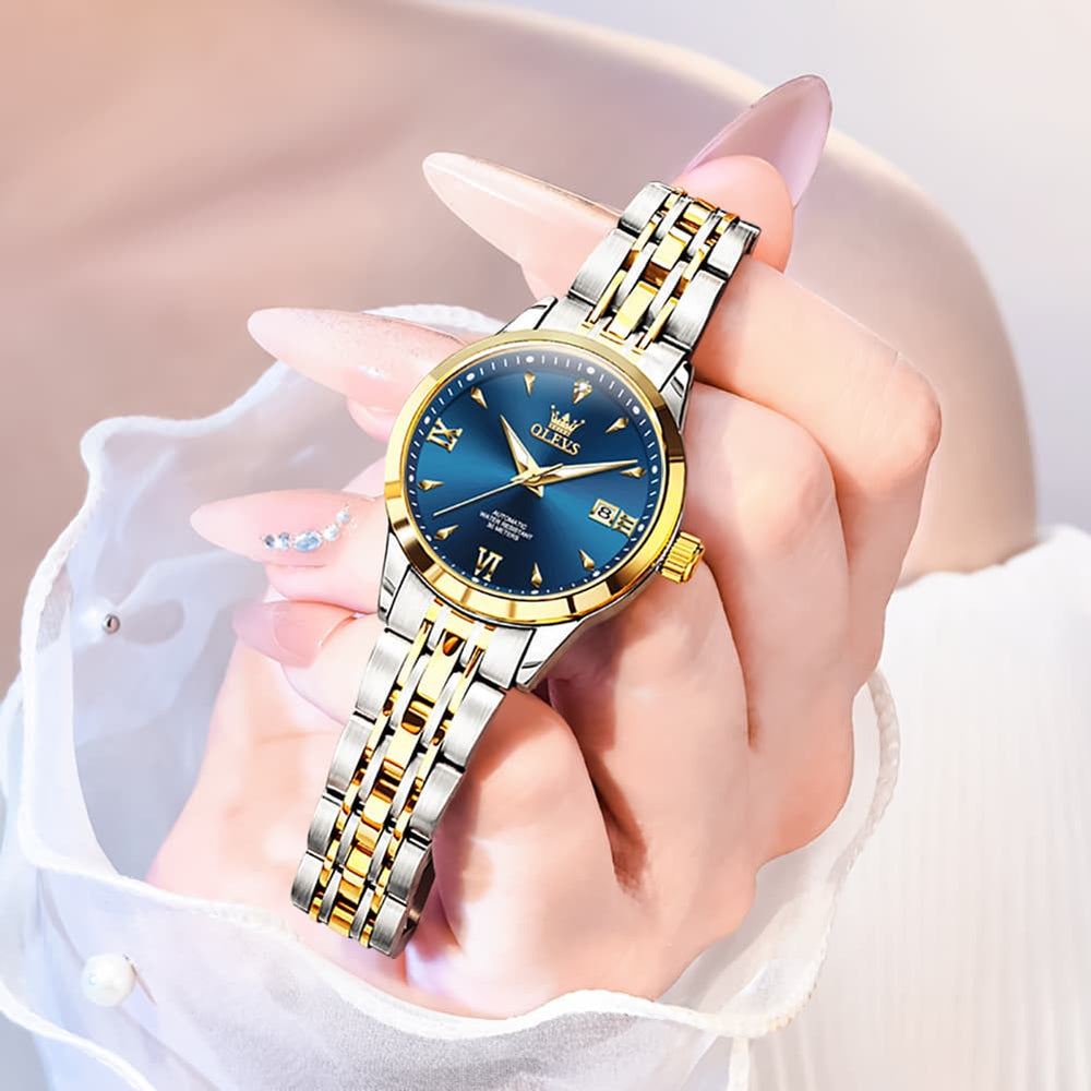 OLEVS Diamond Dial Day Date Automatic Mechanical Watch 9956 for Women - All Black Watch | Olevs Watch Store