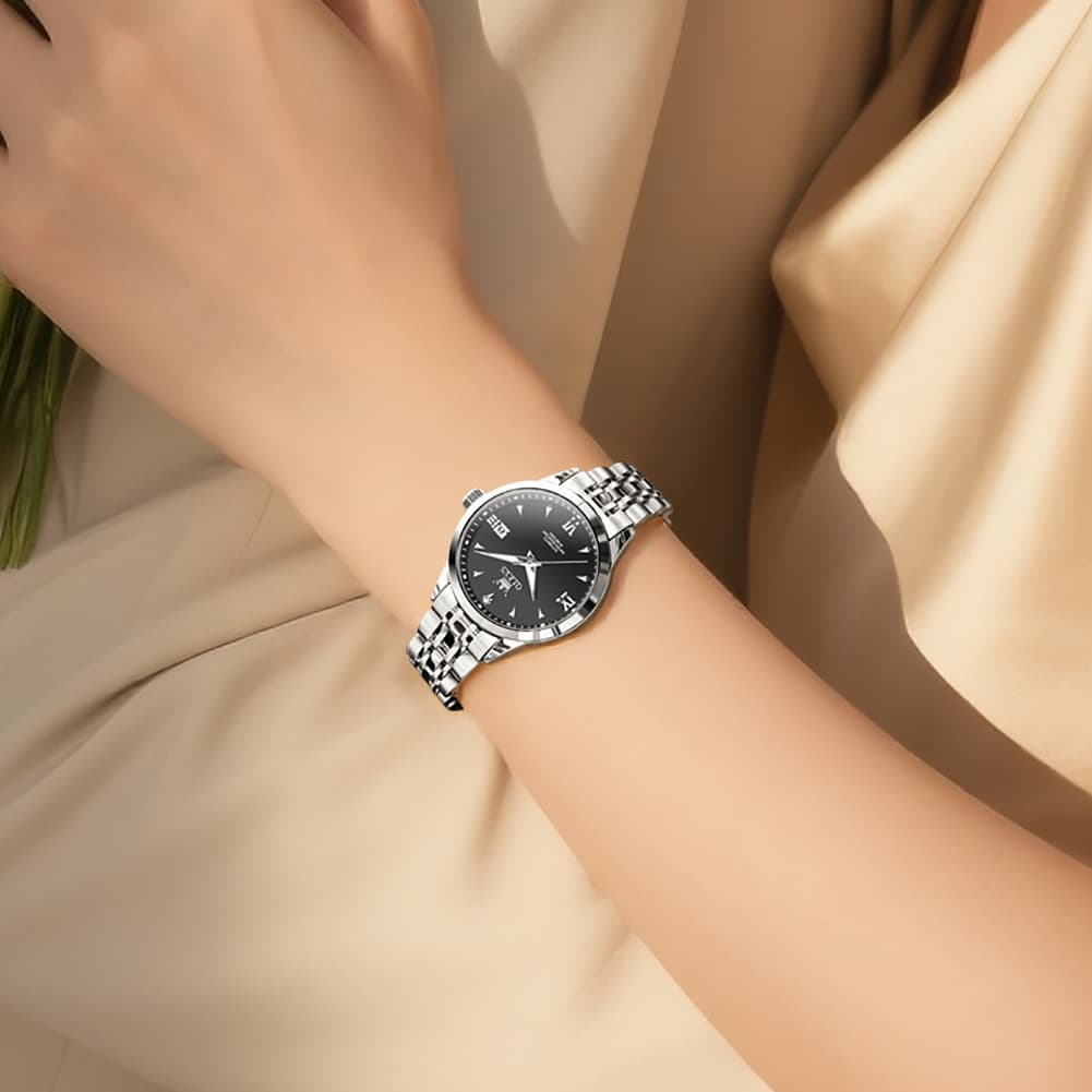 OLEVS Diamond Dial Day Date Automatic Mechanical Watch 9956 for Women - All Black Watch | Olevs Watch Store
