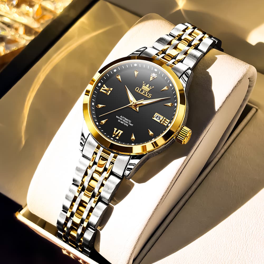 OLEVS Diamond Dial Day Date Automatic Mechanical Watch 9956 for Women - All Black Watch | Olevs Watch Store