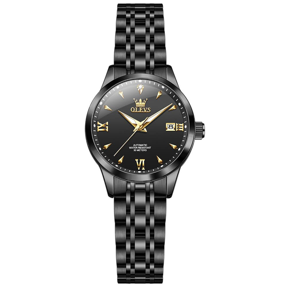 OLEVS Diamond Dial Day Date Automatic Mechanical Watch 9956 for Women - All Black Watch | Olevs Watch Store