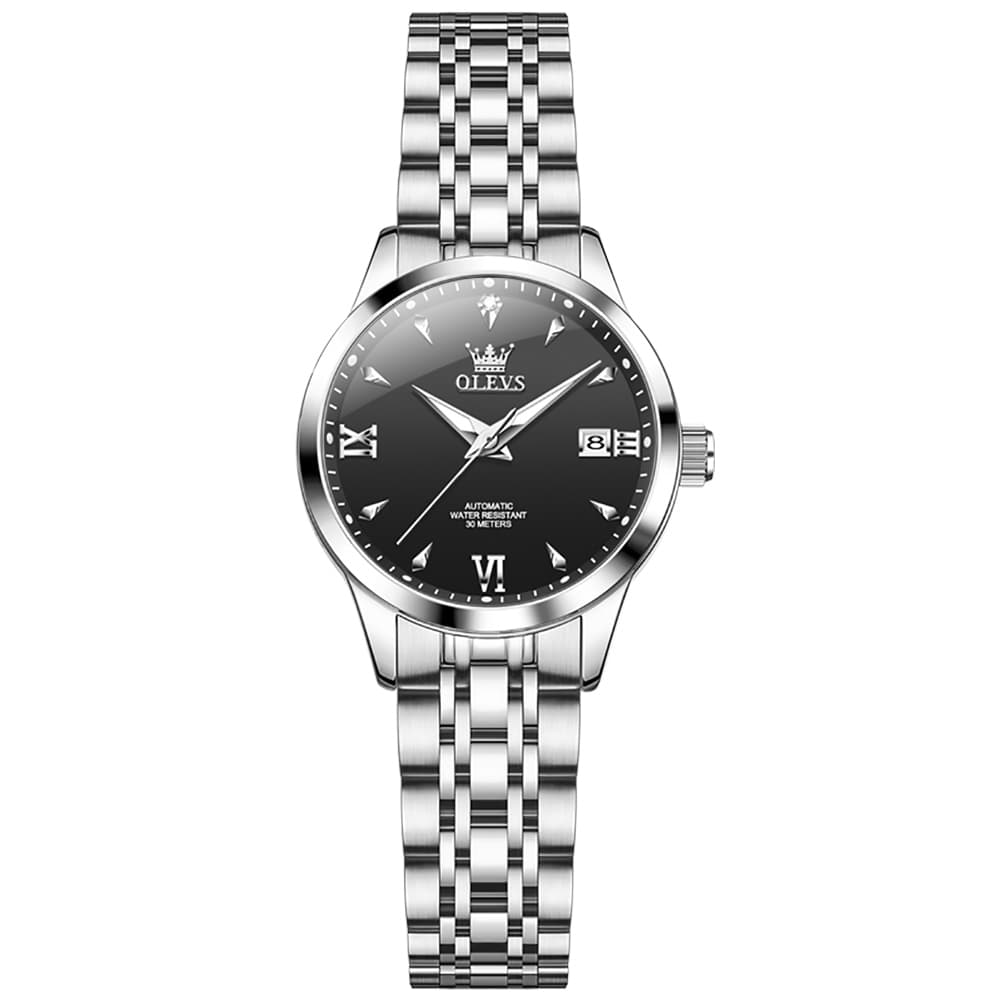 OLEVS Diamond Dial Day Date Automatic Mechanical Watch 9956 for Women - Silver Black Watch | Olevs Watch Store