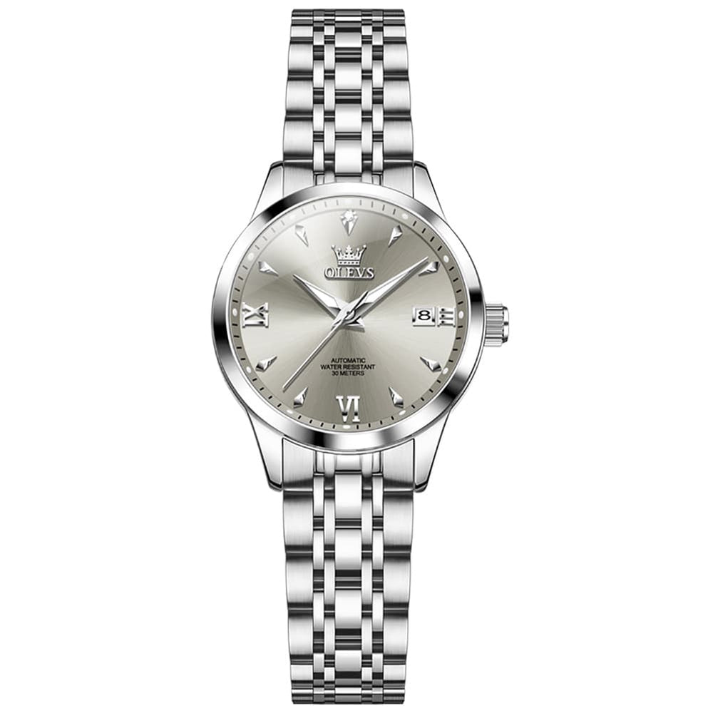 OLEVS Diamond Dial Day Date Automatic Mechanical Watch 9956 for Women - Silver Grey Watch | Olevs Watch Store