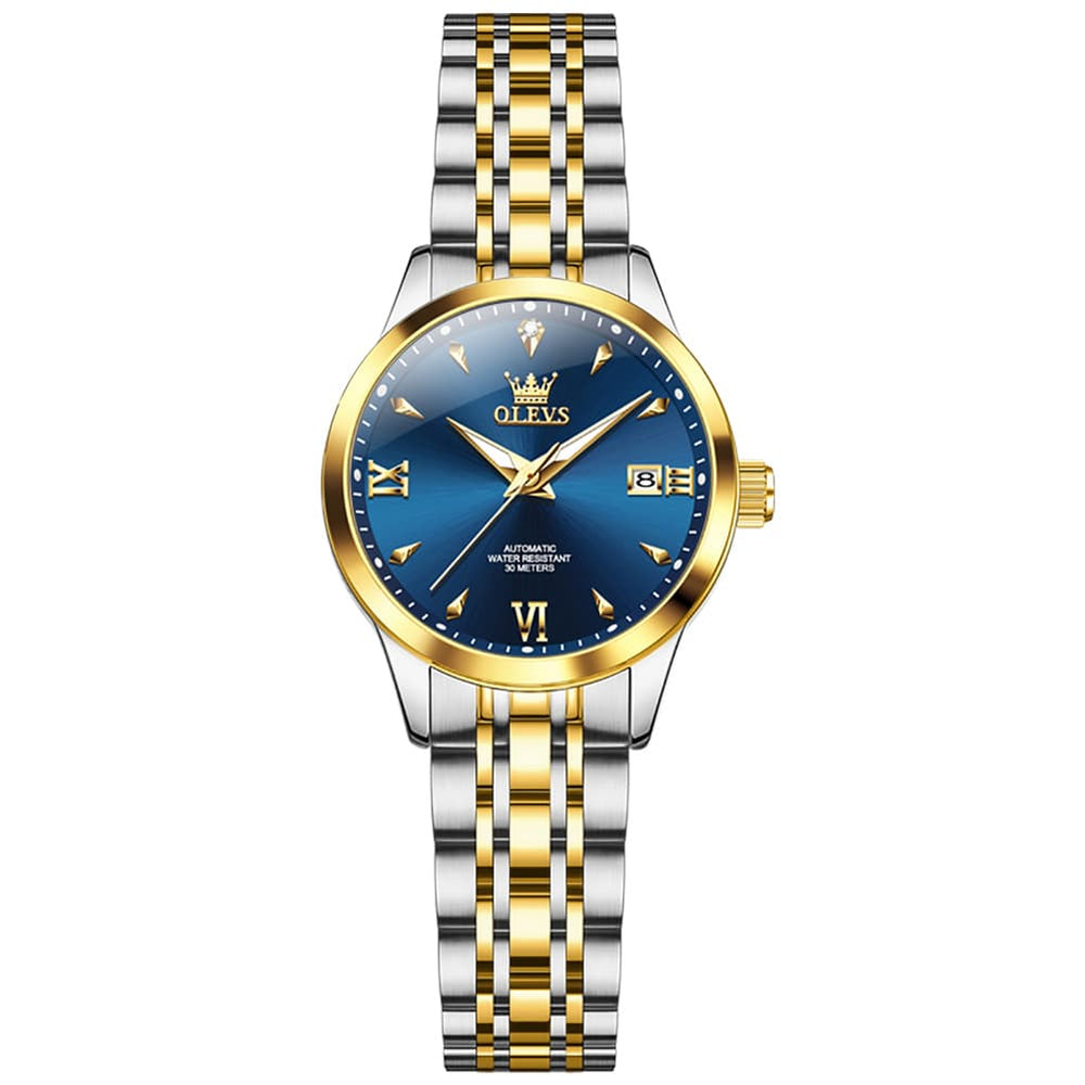 OLEVS Diamond Dial Day Date Automatic Mechanical Watch 9956 for Women - Two Tone Blue Watch | Olevs Watch Store