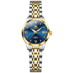 OLEVS Diamond Dial Day Date Automatic Mechanical Watch 9956 for Women - Two Tone Blue Watch | Olevs Watch Store