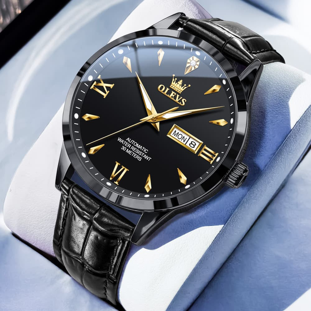 OLEVS Diamond Dial Day Date Automatic Mechanical Watch 9956 Leather Strap for Men - All Black Watch | Olevs Watch Store