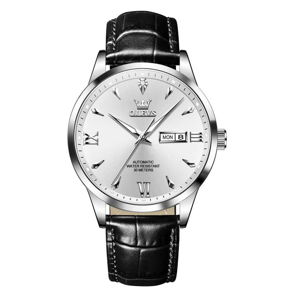 OLEVS Diamond Dial Day Date Automatic Mechanical Watch 9956 Leather Strap for Men - All Black Watch | Olevs Watch Store