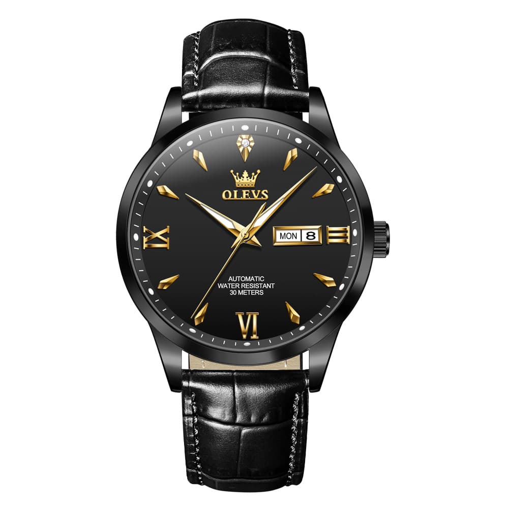 OLEVS Diamond Dial Day Date Automatic Mechanical Watch 9956 Leather Strap for Men - All Black Watch | Olevs Watch Store