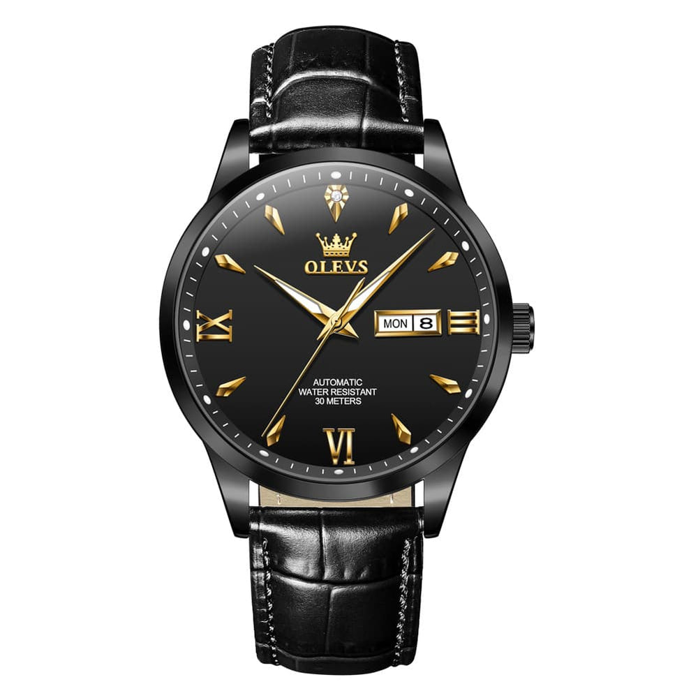 OLEVS Diamond Dial Day Date Automatic Mechanical Watch 9956 Leather Strap for Men - All Black Watch | Olevs Watch Store