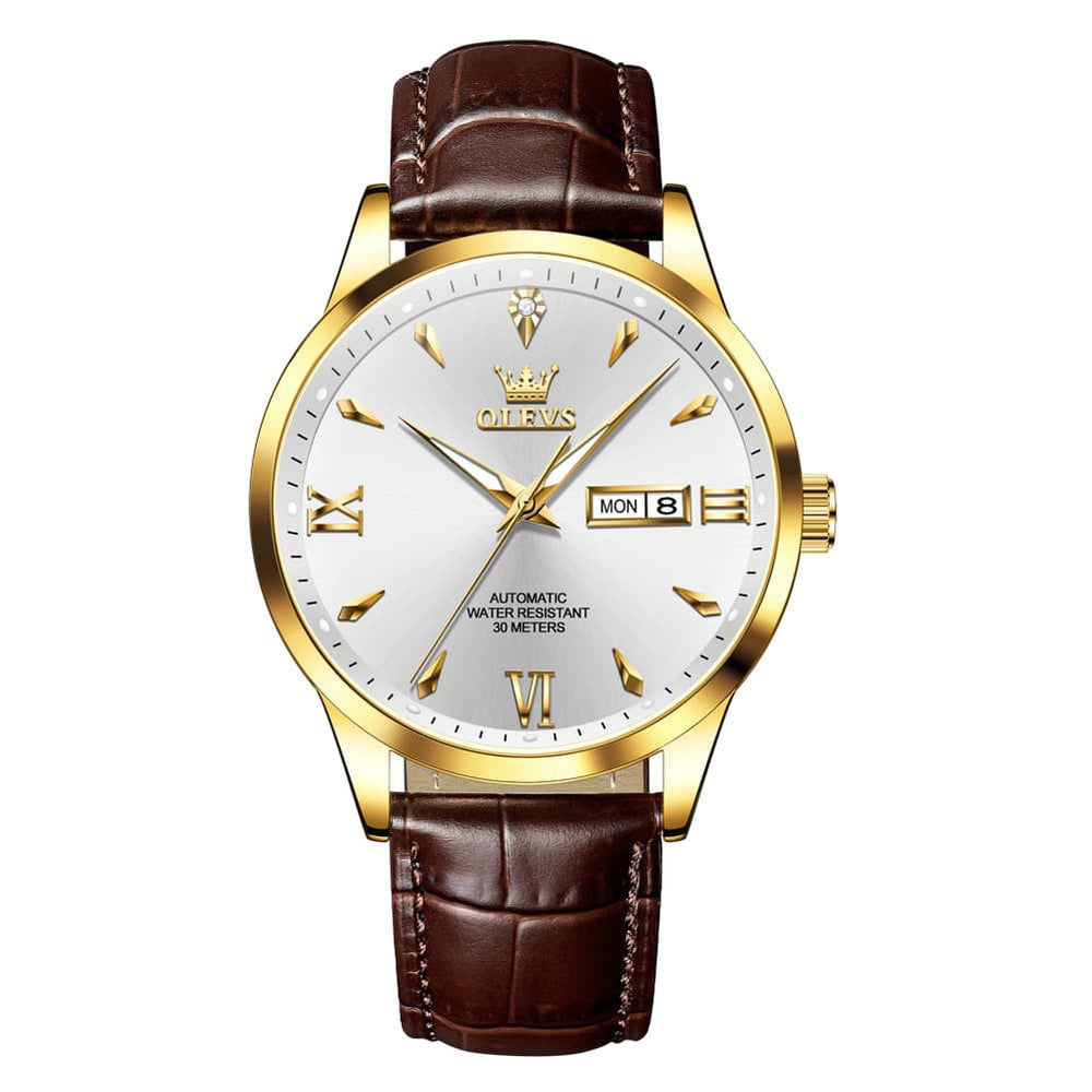 OLEVS Diamond Dial Day Date Automatic Mechanical Watch 9956 Leather Strap for Men - All Black Watch | Olevs Watch Store