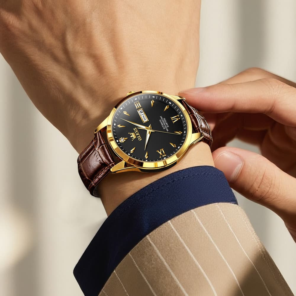 OLEVS Diamond Dial Day Date Automatic Mechanical Watch 9956 Leather Strap for Men - All Black Watch | Olevs Watch Store