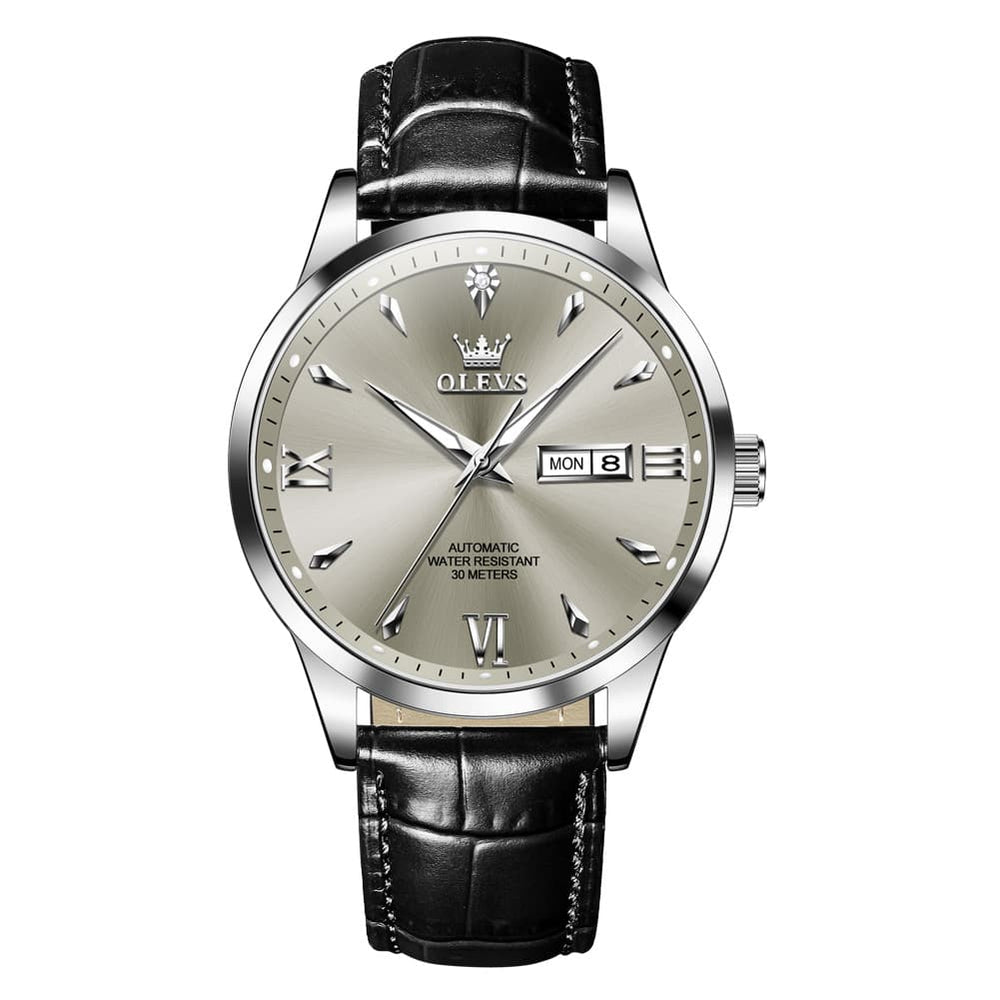 OLEVS Diamond Dial Day Date Automatic Mechanical Watch 9956 Leather Strap for Men - All Black Watch | Olevs Watch Store