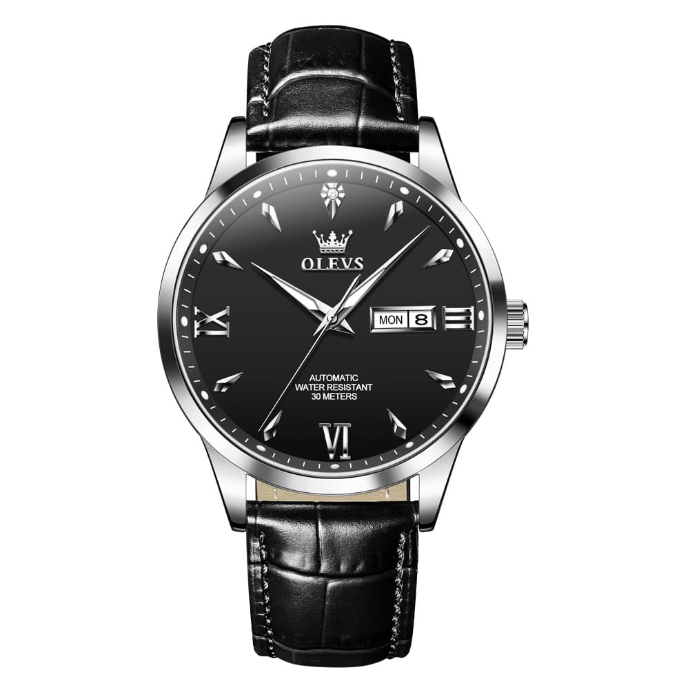 OLEVS Diamond Dial Day Date Automatic Mechanical Watch 9956 Leather Strap for Men - All Black Watch | Olevs Watch Store