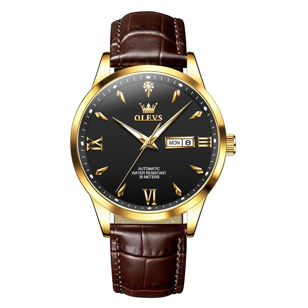 OLEVS Diamond Dial Day Date Automatic Mechanical Watch 9956 Leather Strap for Men - All Black Watch | Olevs Watch Store