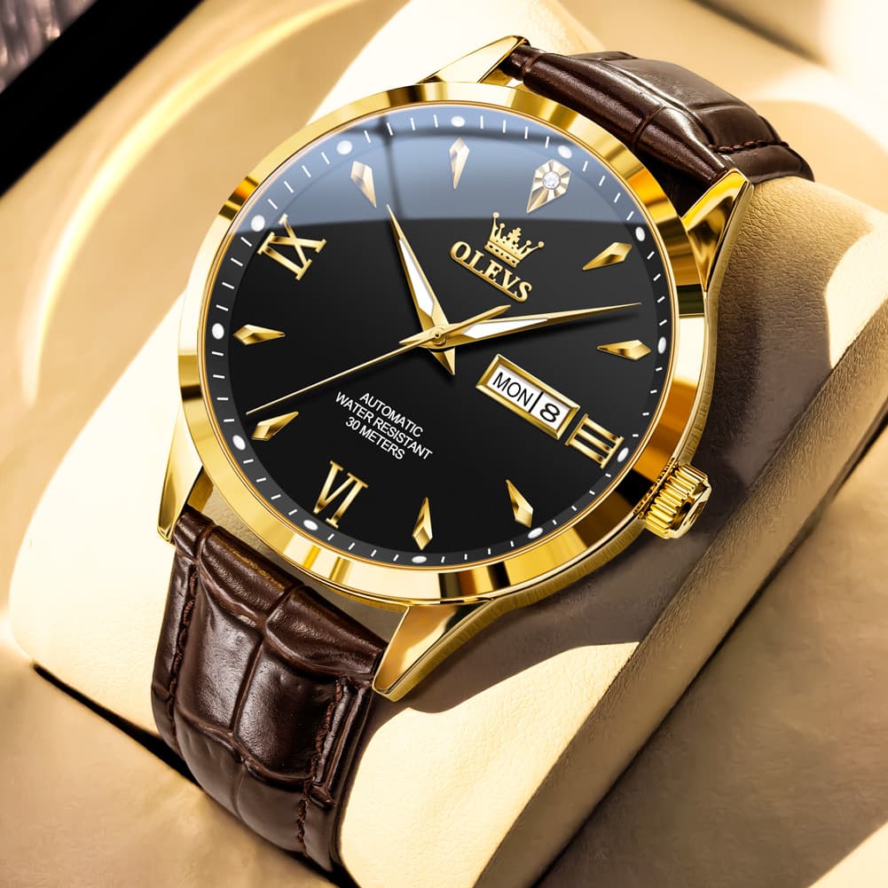 OLEVS Diamond Dial Day Date Automatic Mechanical Watch 9956 Leather Strap for Men - Gold Black Watch | Olevs Watch Store