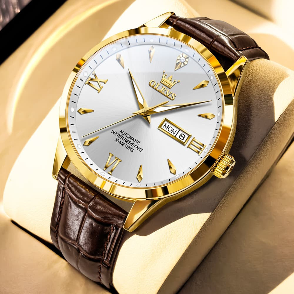 OLEVS Diamond Dial Day Date Automatic Mechanical Watch 9956 Leather Strap for Men - Gold White Watch | Olevs Watch Store