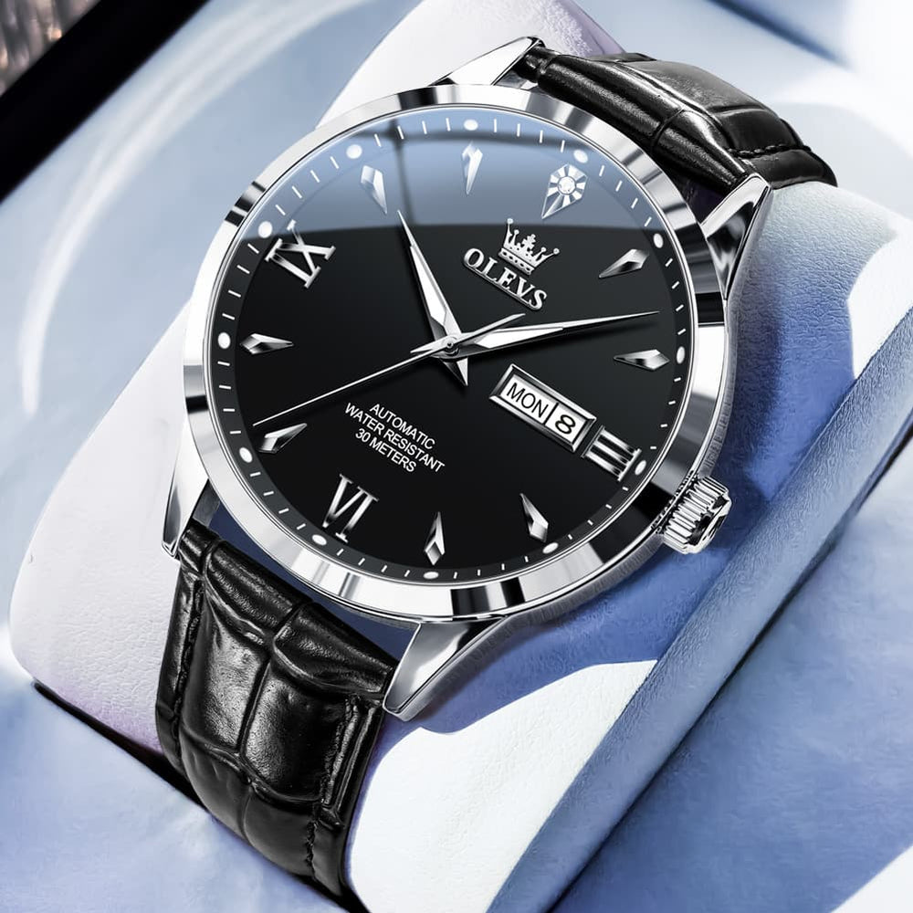 OLEVS Diamond Dial Day Date Automatic Mechanical Watch 9956 Leather Strap for Men - Silver Black Watch | Olevs Watch Store