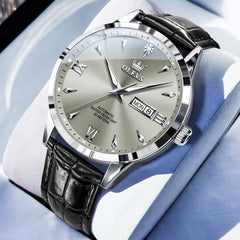 OLEVS Diamond Dial Day Date Automatic Mechanical Watch 9956 Leather Strap for Men - Silver Grey Watch | Olevs Watch Store