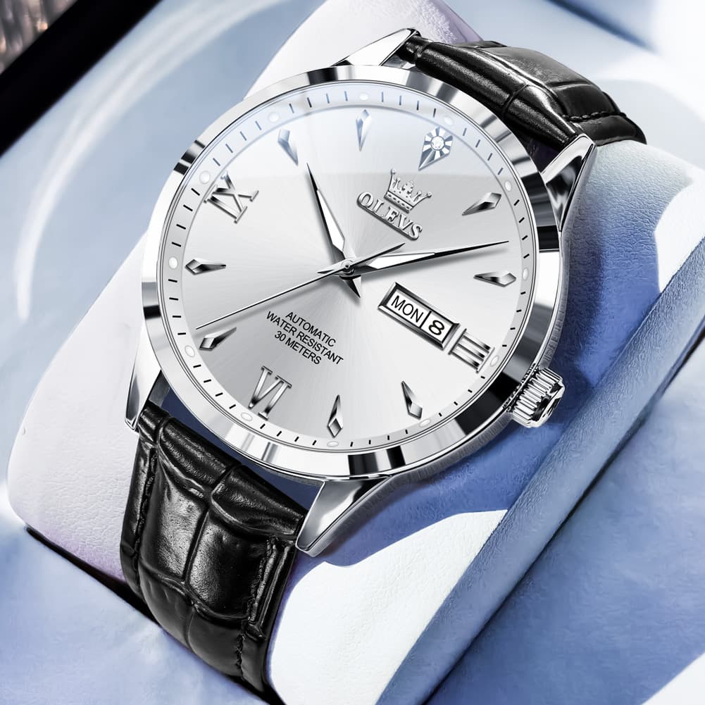 OLEVS Diamond Dial Day Date Automatic Mechanical Watch 9956 Leather Strap for Men - Silver White Watch | Olevs Watch Store