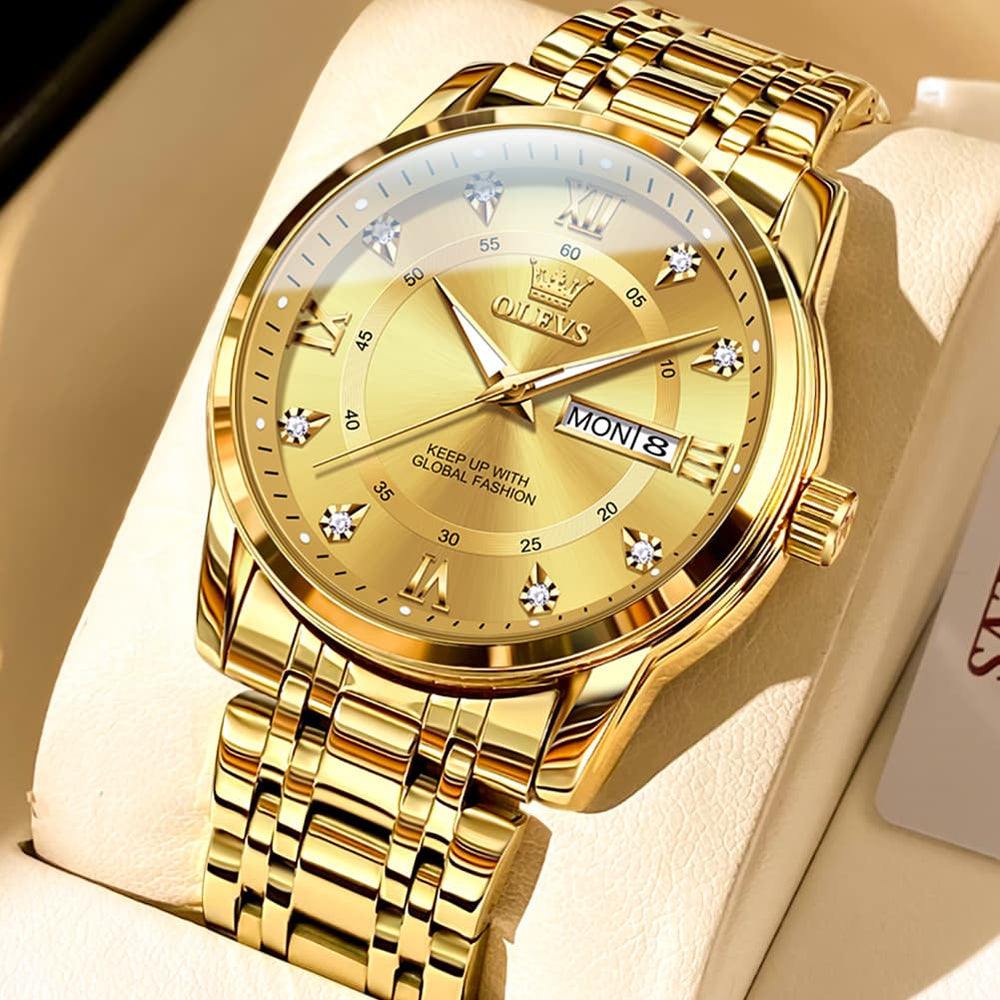 OLEVS Diamond Dial Day Date Quartz Watch 5513 Steel Band for Men - All Gold Watch | Olevs Watch Store