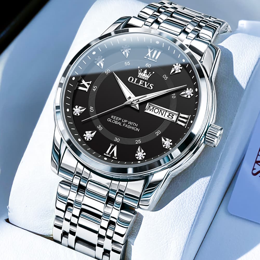 OLEVS Diamond Dial Day Date Quartz Watch 5513 Steel Band for Men - Silver Black Watch | Olevs Watch Store