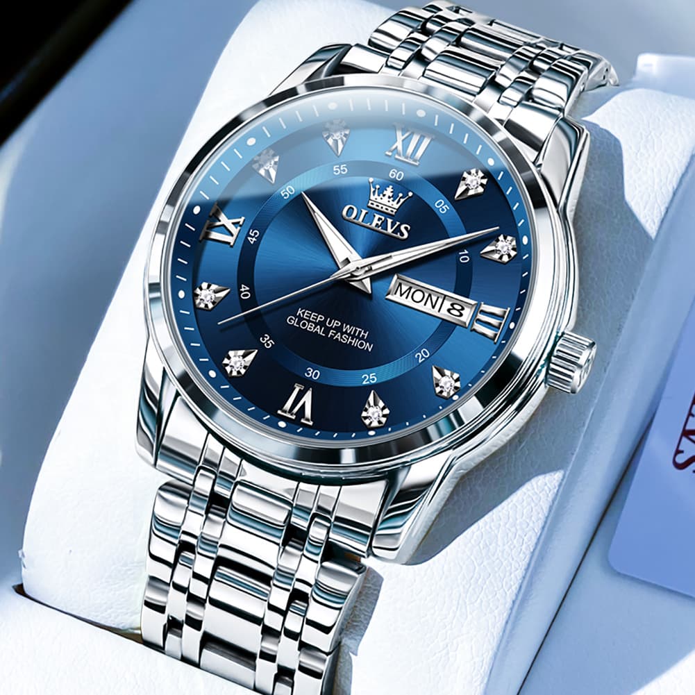 OLEVS Diamond Dial Day Date Quartz Watch 5513 Steel Band for Men - Silver Blue Watch | Olevs Watch Store