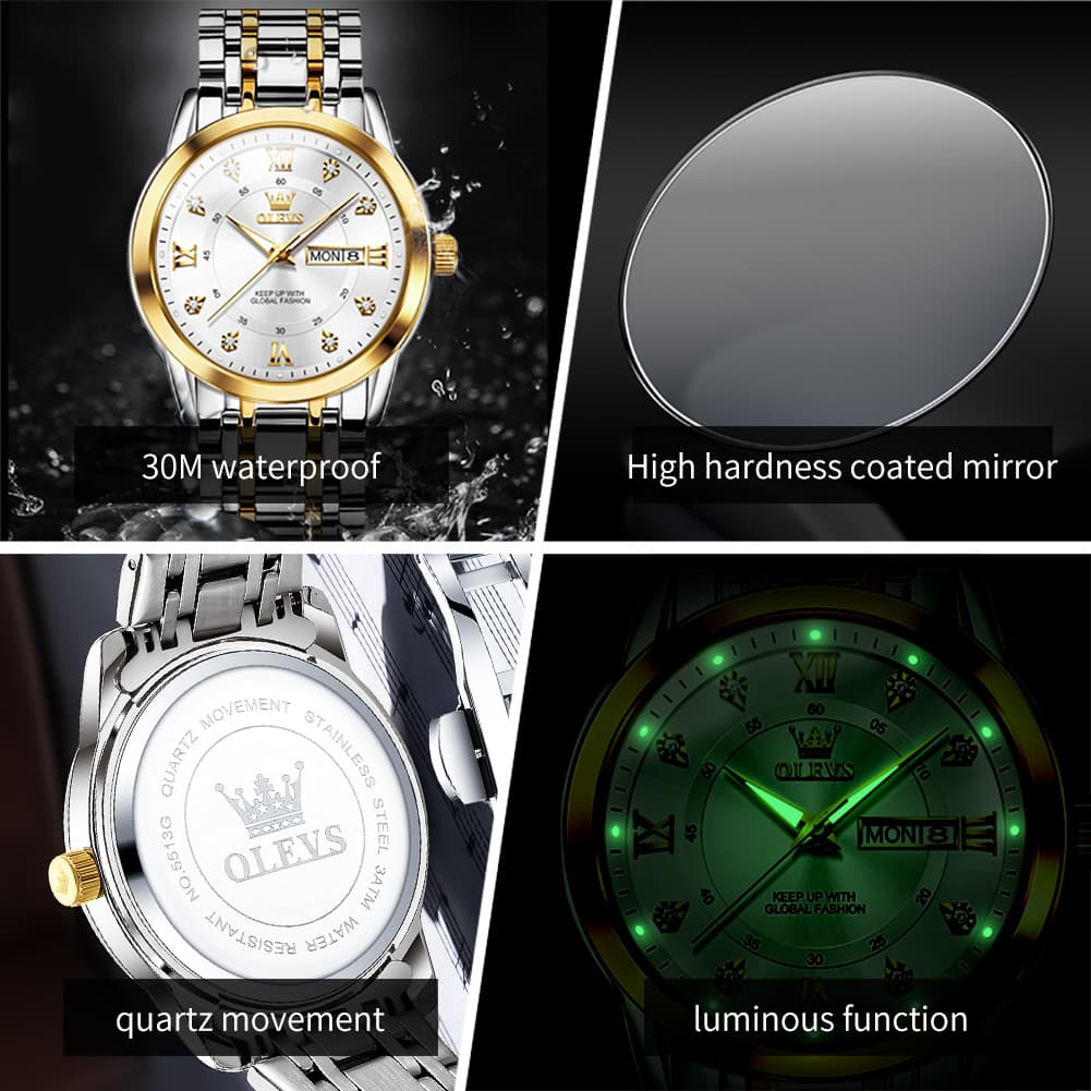 OLEVS Diamond Dial Day Date Quartz Watch 5513 Steel Band for Men - Silver Grey Watch | Olevs Watch Store