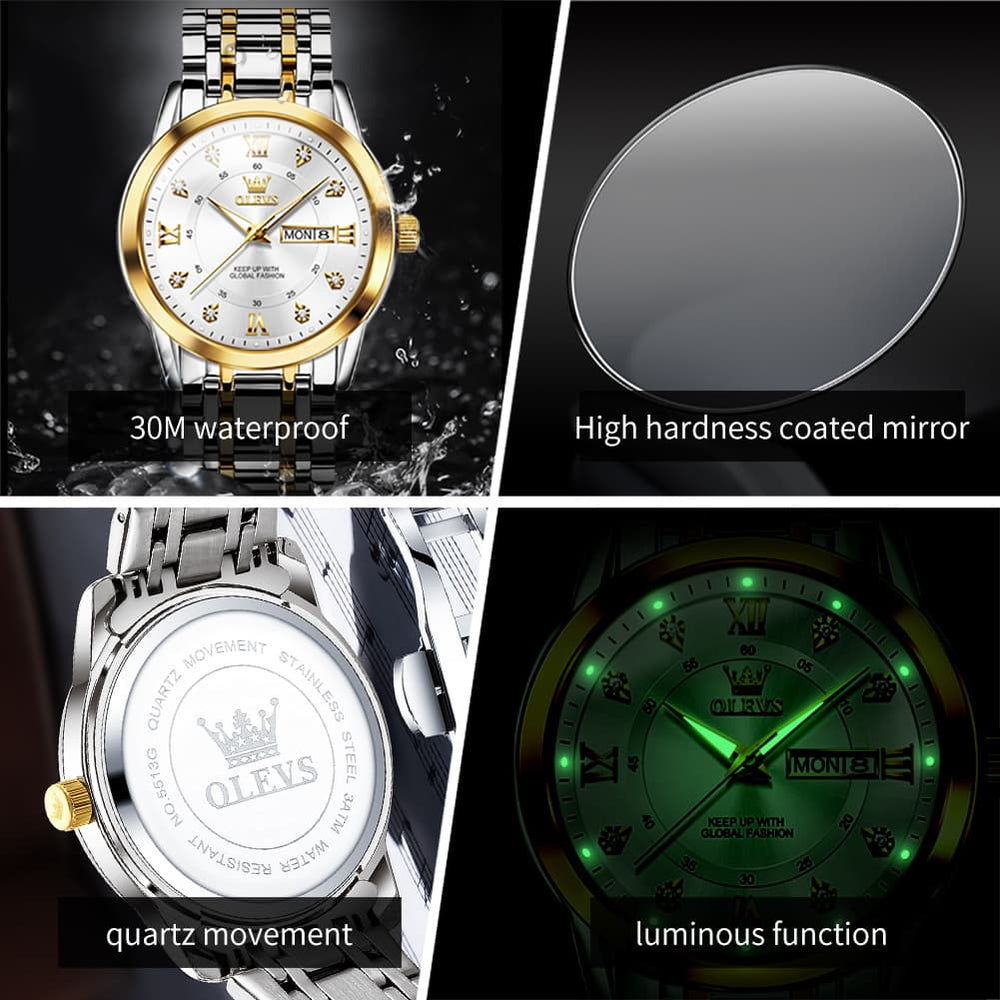 OLEVS Diamond Dial Day Date Quartz Watch 5513 Steel Band for Men - Silver Grey Watch | Olevs Watch Store