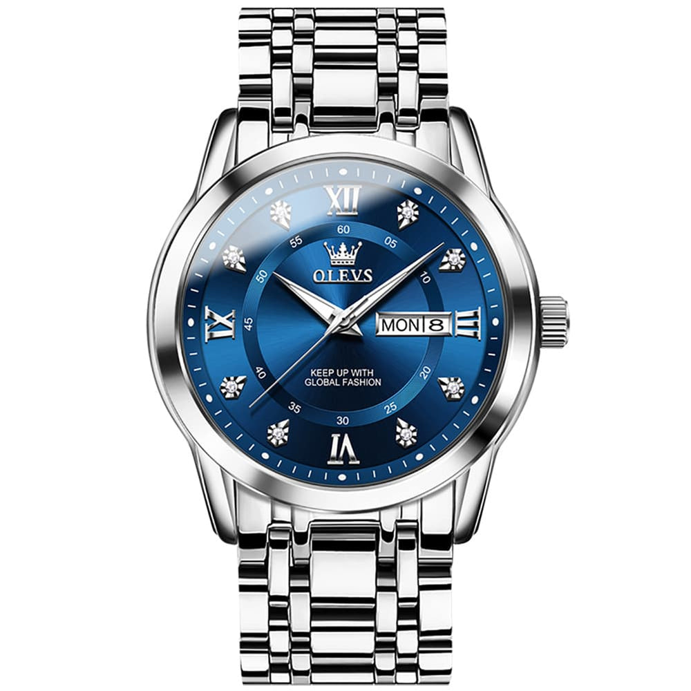 OLEVS Diamond Dial Day Date Quartz Watch 5513 Steel Band for Men - Silver Grey Watch | Olevs Watch Store