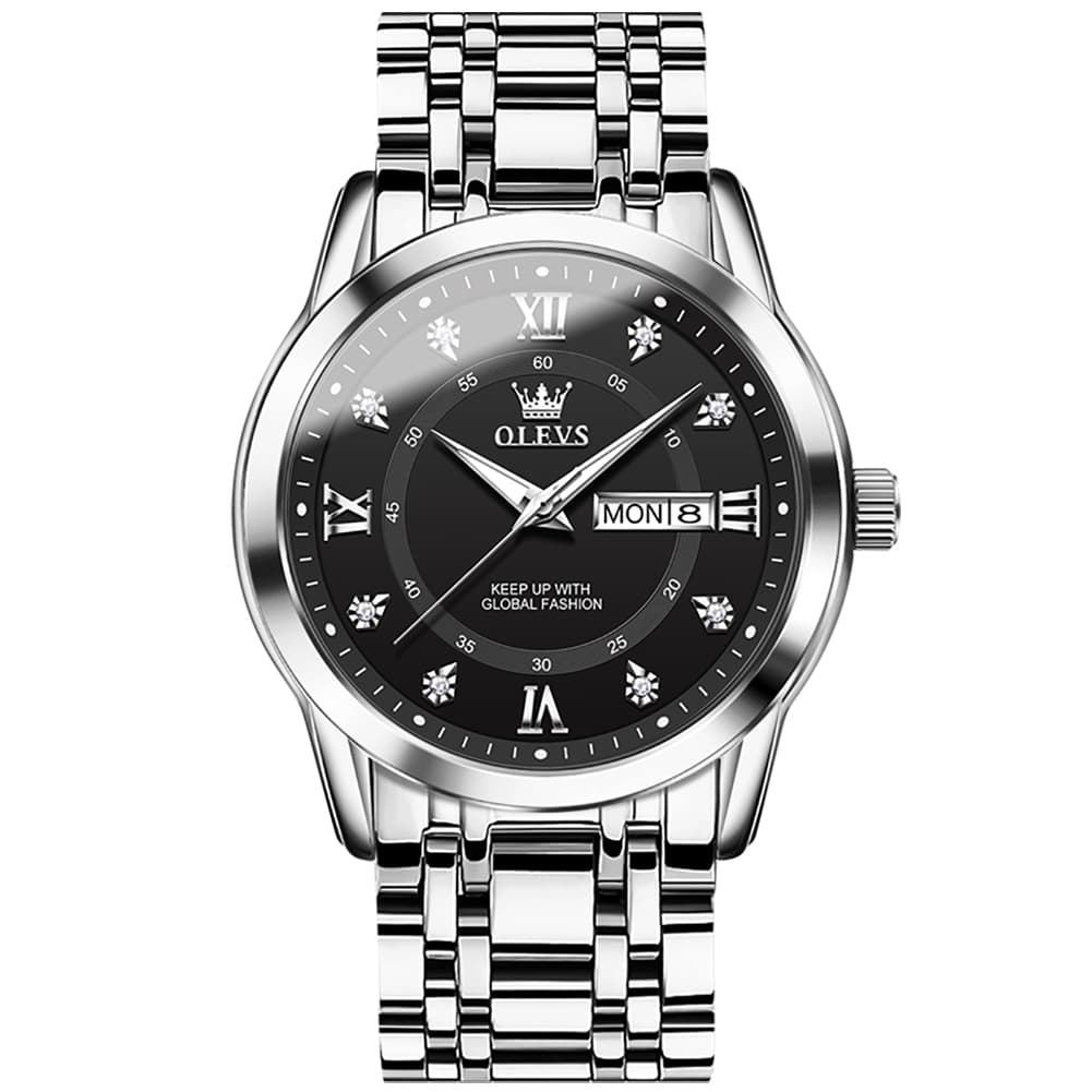 OLEVS Diamond Dial Day Date Quartz Watch 5513 Steel Band for Men - Silver Grey Watch | Olevs Watch Store