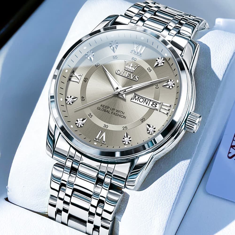 OLEVS Diamond Dial Day Date Quartz Watch 5513 Steel Band for Men - Silver Grey Watch | Olevs Watch Store
