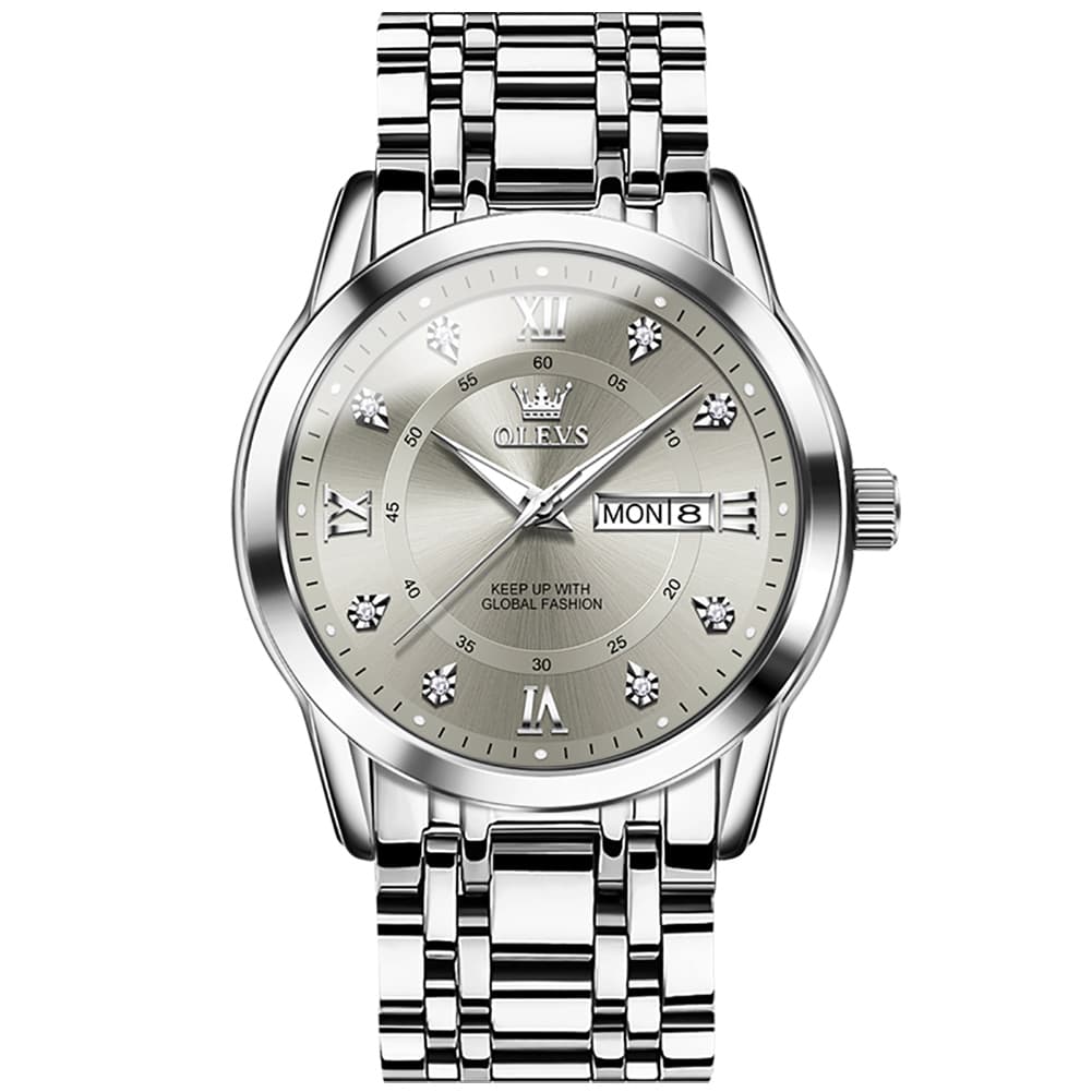 OLEVS Diamond Dial Day Date Quartz Watch 5513 Steel Band for Men - Silver Grey Watch | Olevs Watch Store