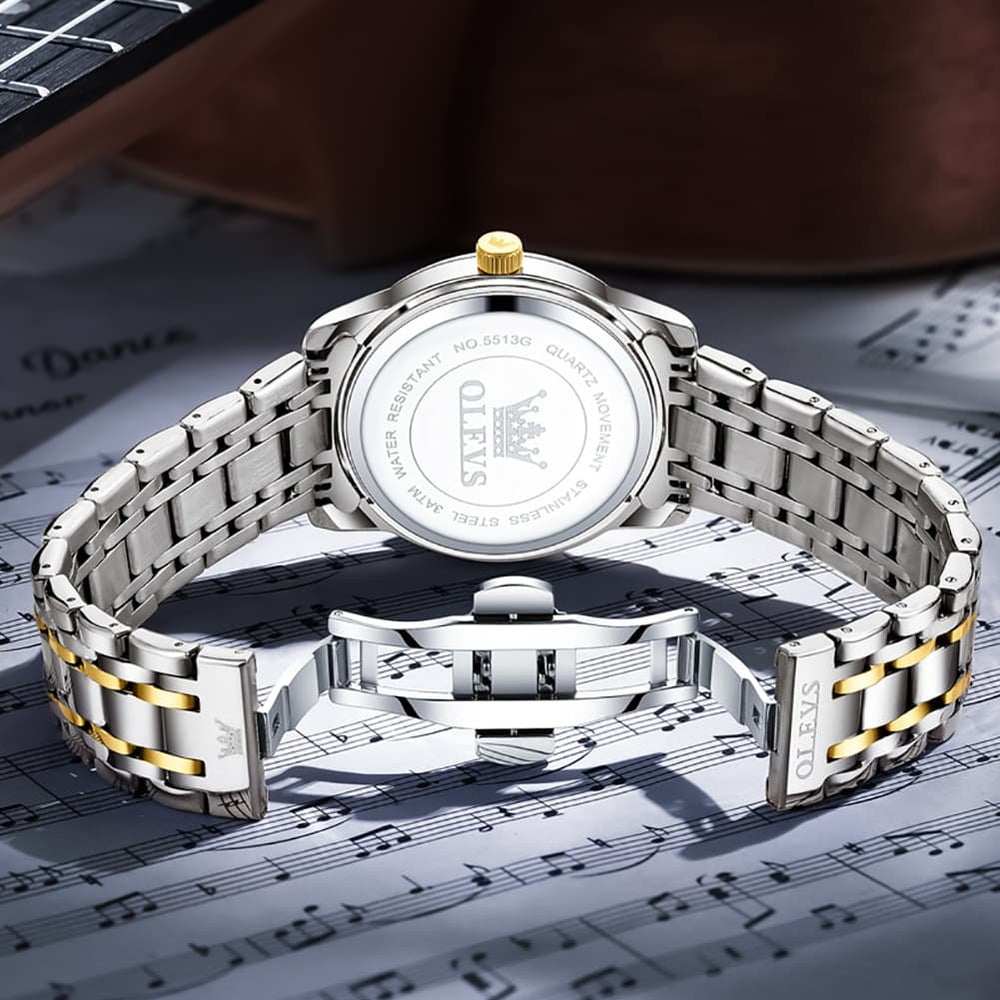OLEVS Diamond Dial Day Date Quartz Watch 5513 Steel Band for Men - Silver Grey Watch | Olevs Watch Store