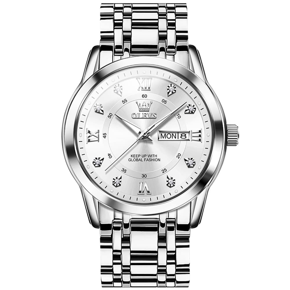 OLEVS Diamond Dial Day Date Quartz Watch 5513 Steel Band for Men - Silver Grey Watch | Olevs Watch Store