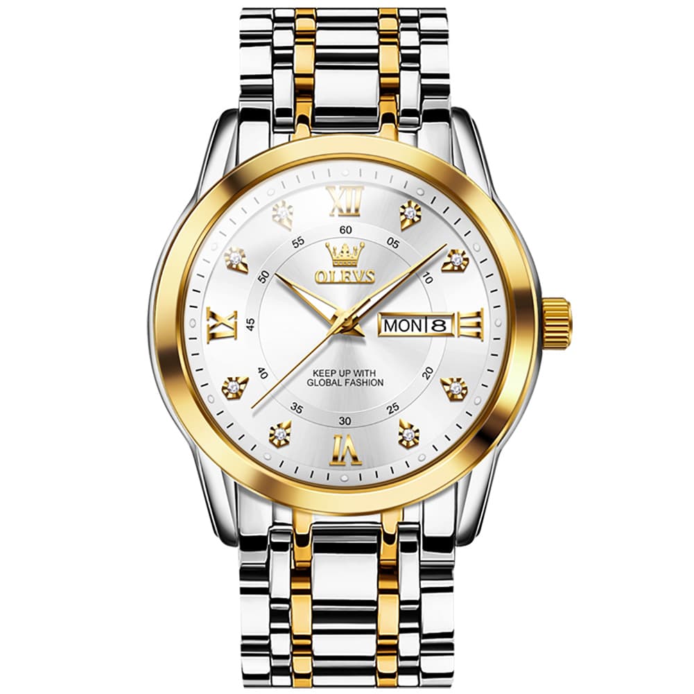 OLEVS Diamond Dial Day Date Quartz Watch 5513 Steel Band for Men - Silver Grey Watch | Olevs Watch Store
