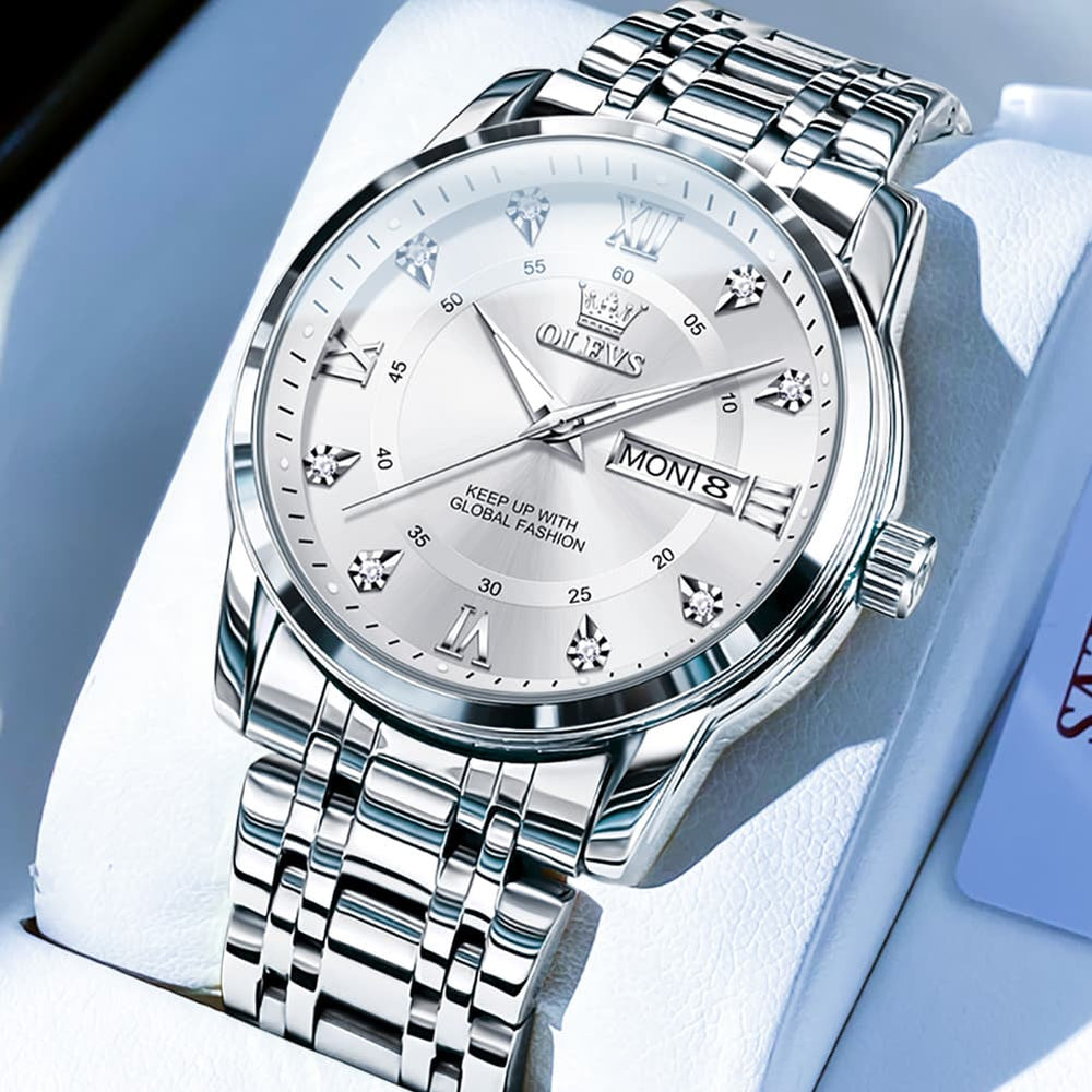 OLEVS Diamond Dial Day Date Quartz Watch 5513 Steel Band for Men - Silver White Watch | Olevs Watch Store