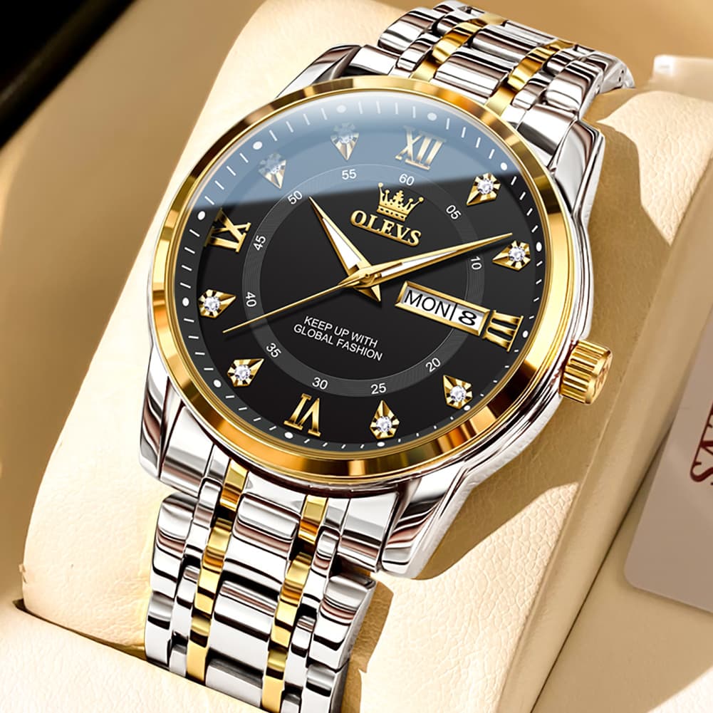OLEVS Diamond Dial Day Date Quartz Watch 5513 Steel Band for Men - Two Tone Black Watch | Olevs Watch Store