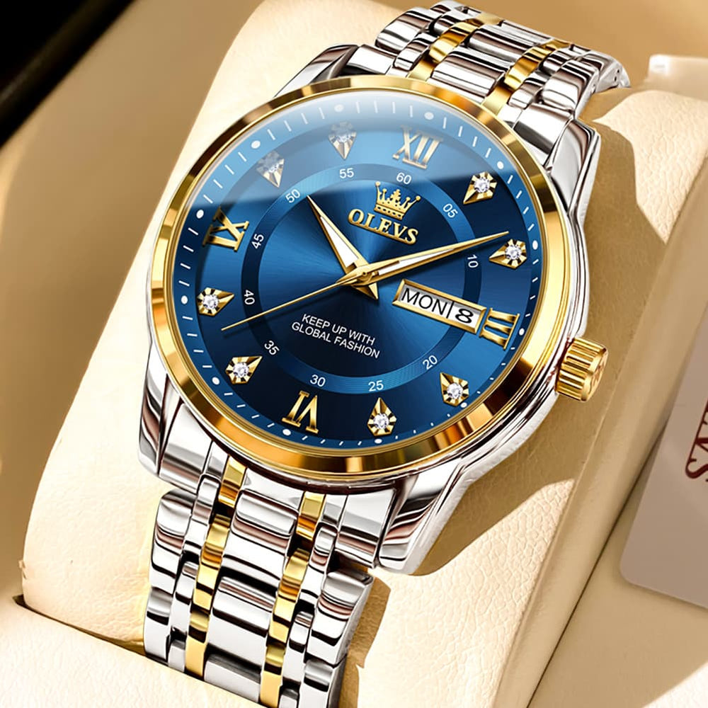 OLEVS Diamond Dial Day Date Quartz Watch 5513 Steel Band for Men - Two Tone Blue Watch | Olevs Watch Store