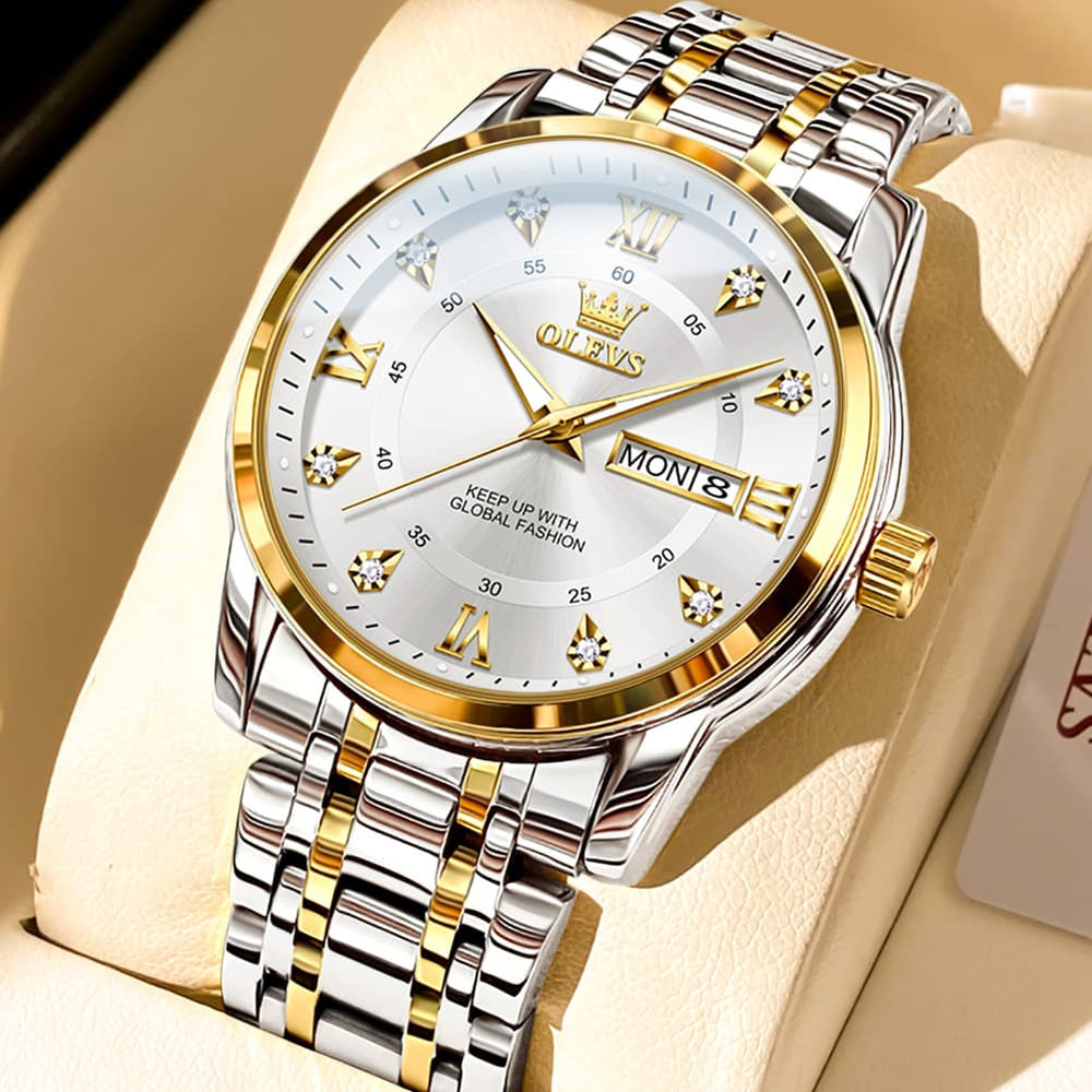 OLEVS Diamond Dial Day Date Quartz Watch 5513 Steel Band for Men - Two Tone White Watch | Olevs Watch Store